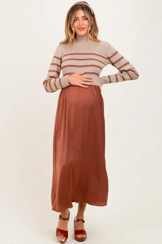 Brown Striped Contrast Sweater Top Maternity Maxi Dress sold by Pinkblush