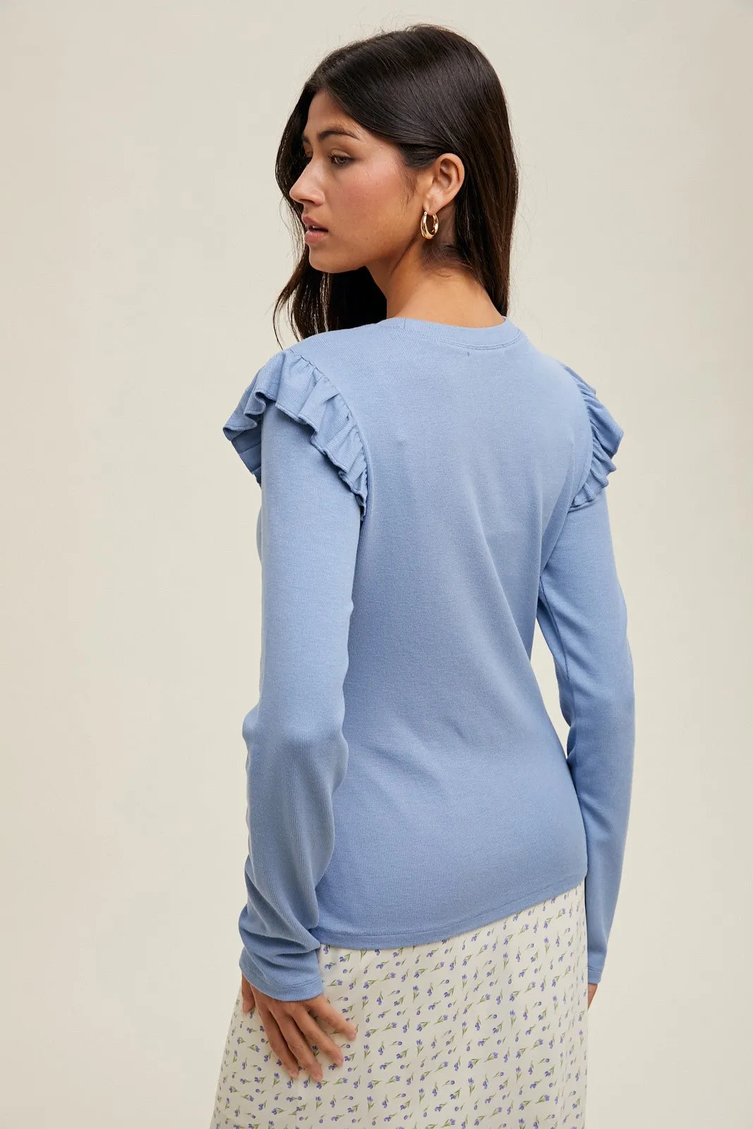 Blue Ribbed Knit Ruffle Detail Long Sleeve Top sold by Pinkblush product image thumbnail 3