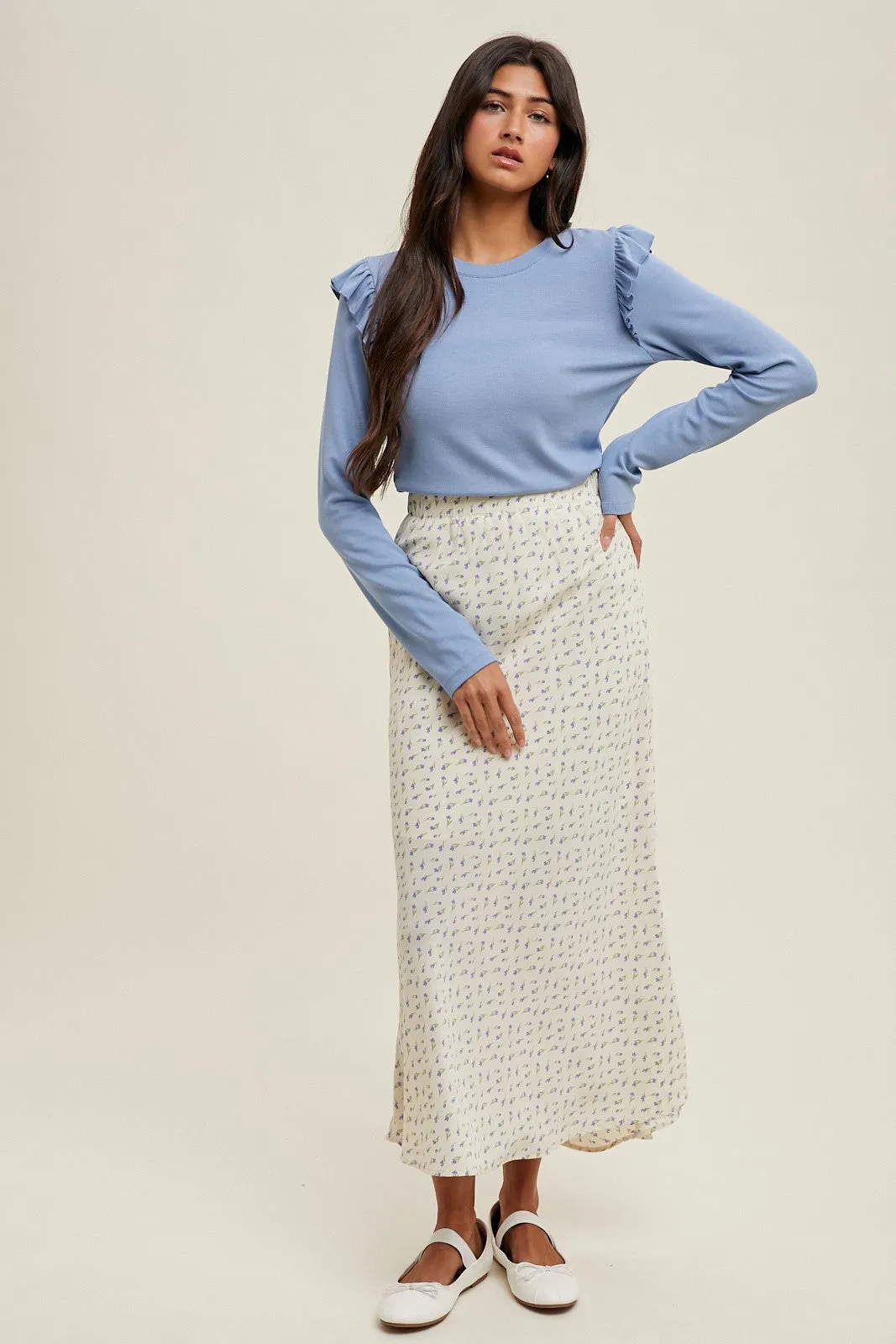 Blue Ribbed Knit Ruffle Detail Long Sleeve Top sold by Pinkblush product image thumbnail 4
