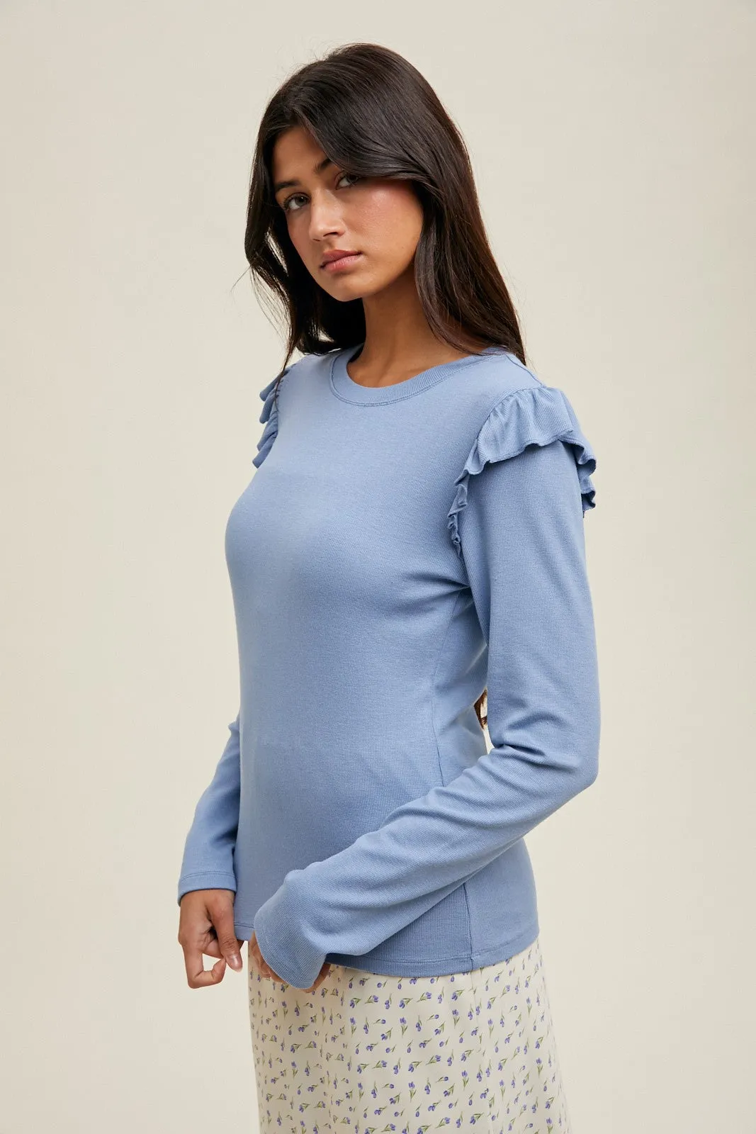 Blue Ribbed Knit Ruffle Detail Long Sleeve Top sold by Pinkblush product image thumbnail 2