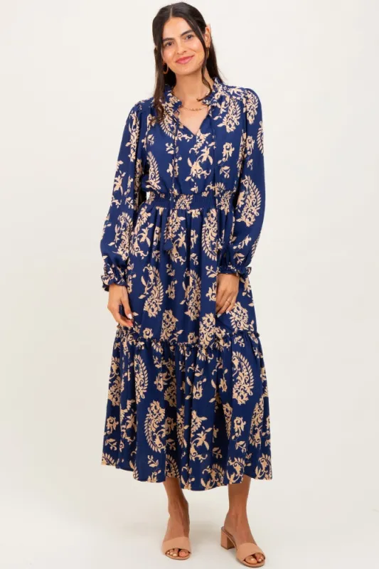 Navy Damask Front Tie Smocked Waist Midi Dress sold by Pinkblush
