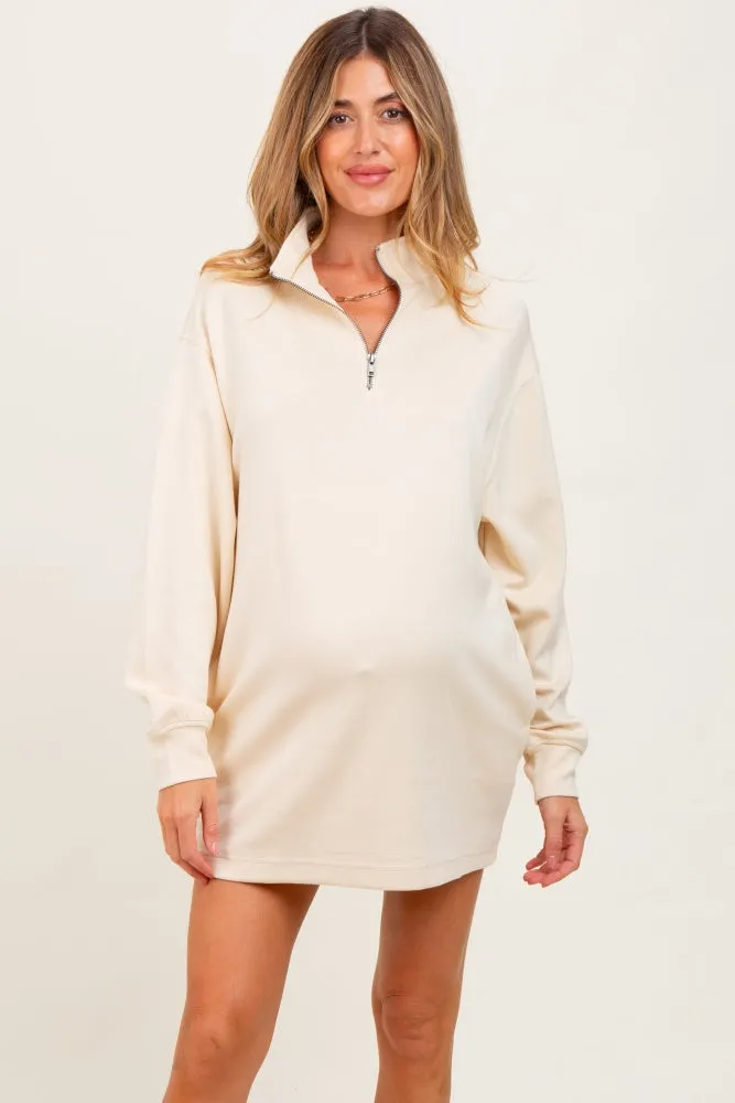 Cream Half Zip Long Sleeve Maternity Mini Dress sold by Pinkblush