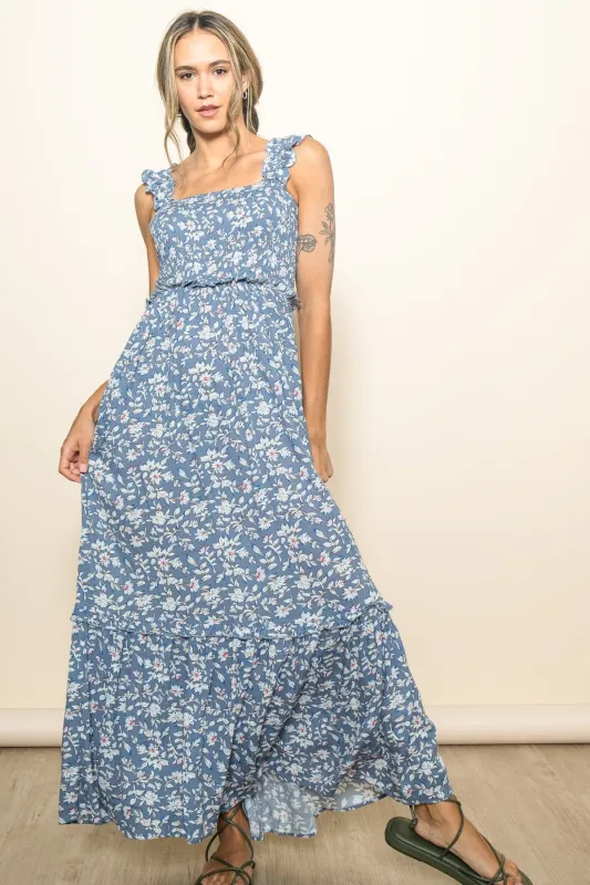 Blue Floral Smocked Ruffle Accent Maxi Dress sold by Pinkblush
