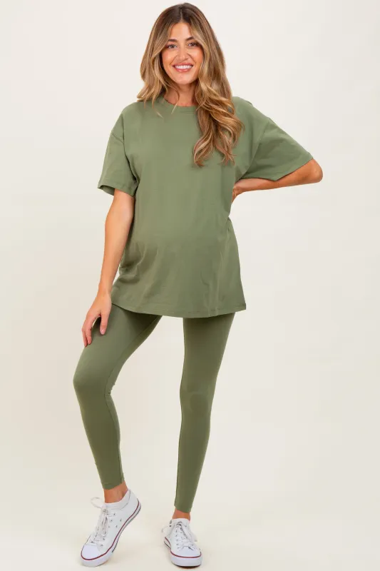 Light Olive Oversized Crewneck Short Sleeve and Legging Maternity Set sold by Pinkblush