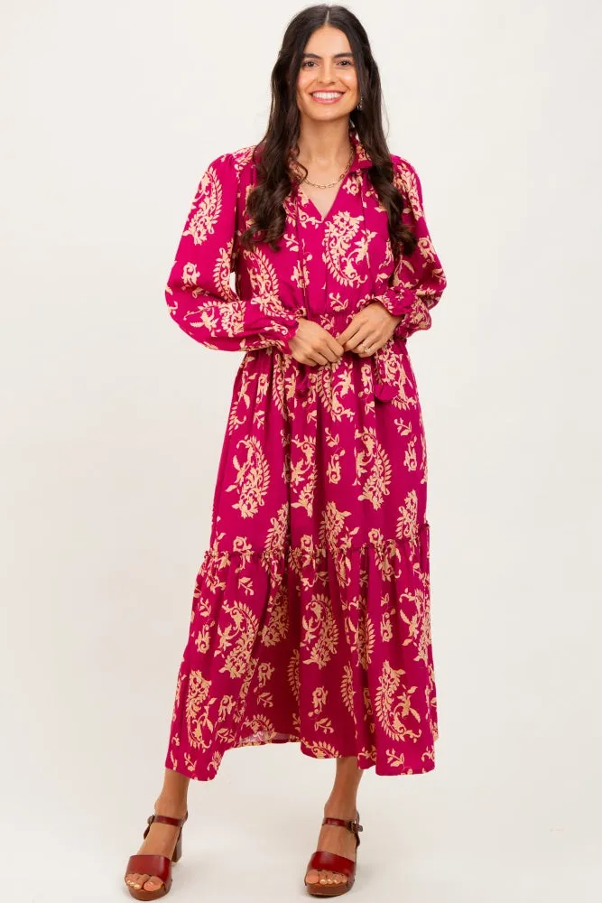 Magenta Damask Front Tie Smocked Waist Midi Dress sold by Pinkblush