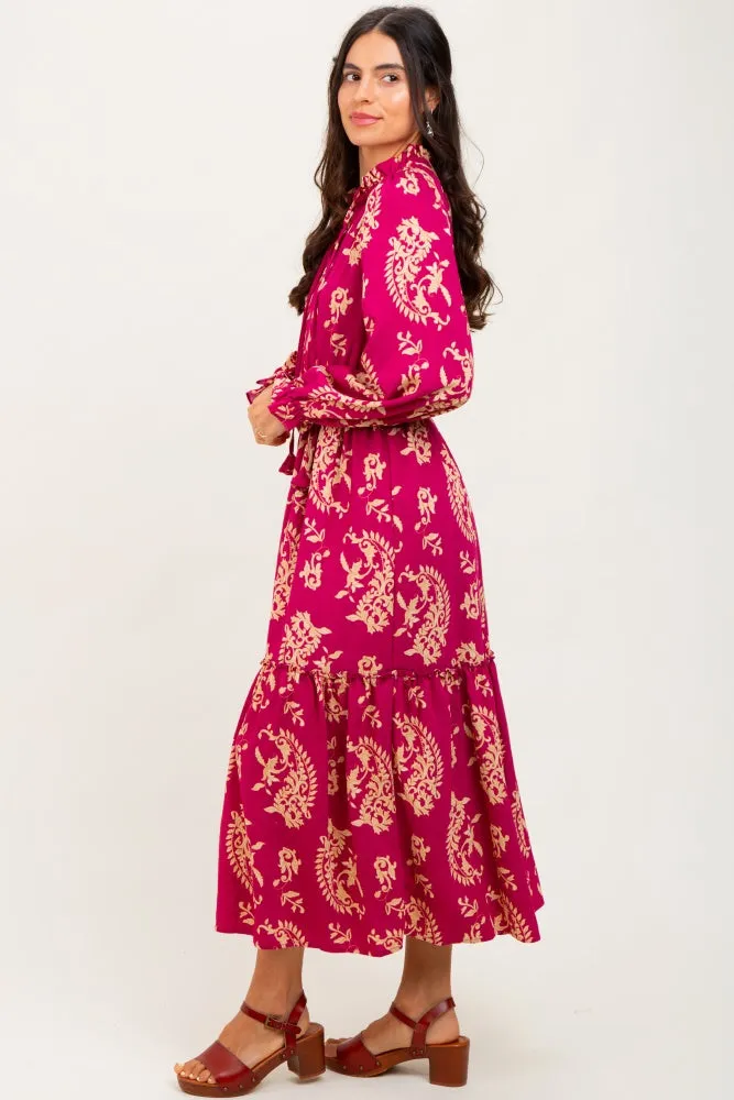 Magenta Damask Front Tie Smocked Waist Midi Dress sold by Pinkblush product image thumbnail 2