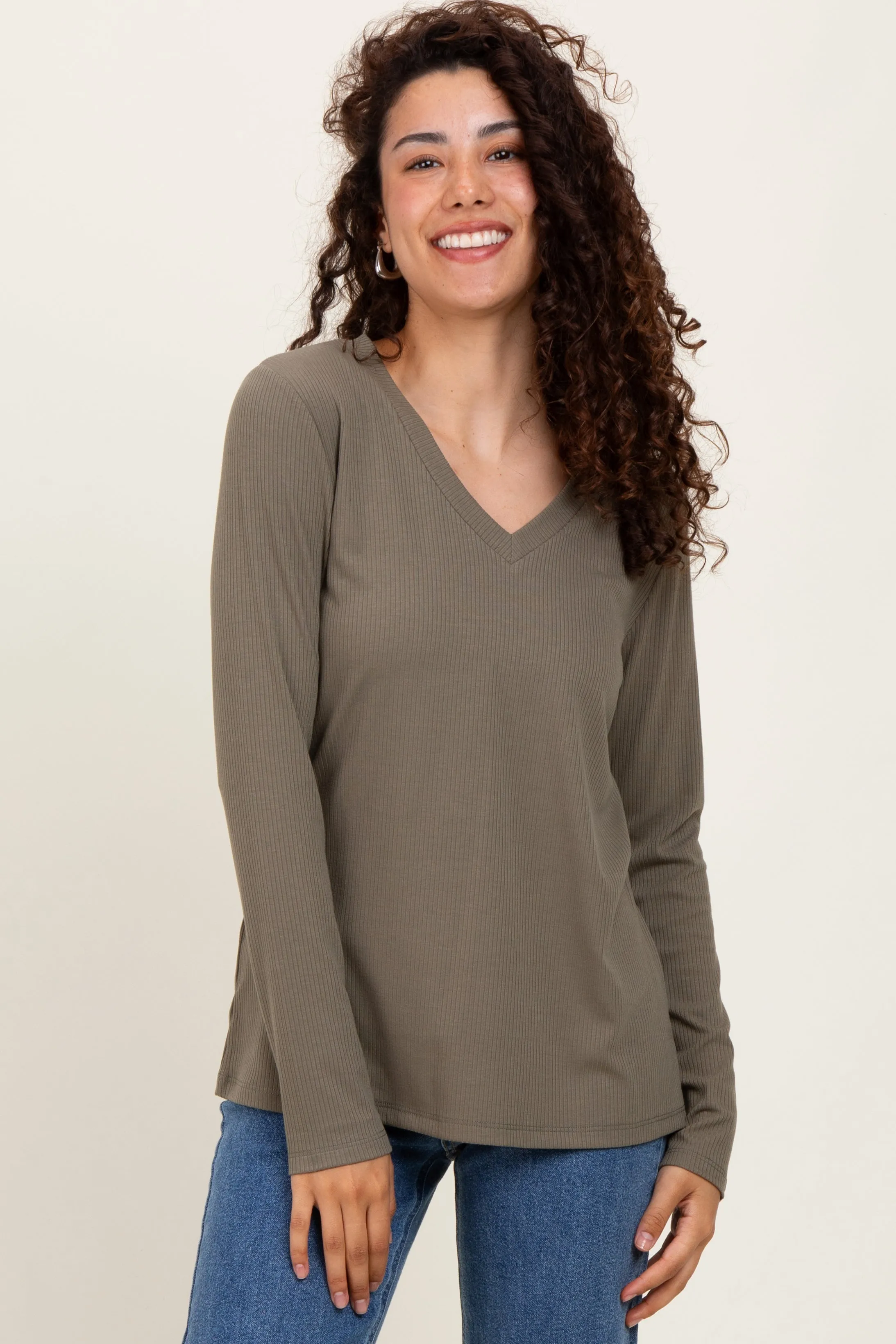 Olive Ribbed Knit V-Neck Long Sleeve Top sold by Pinkblush
