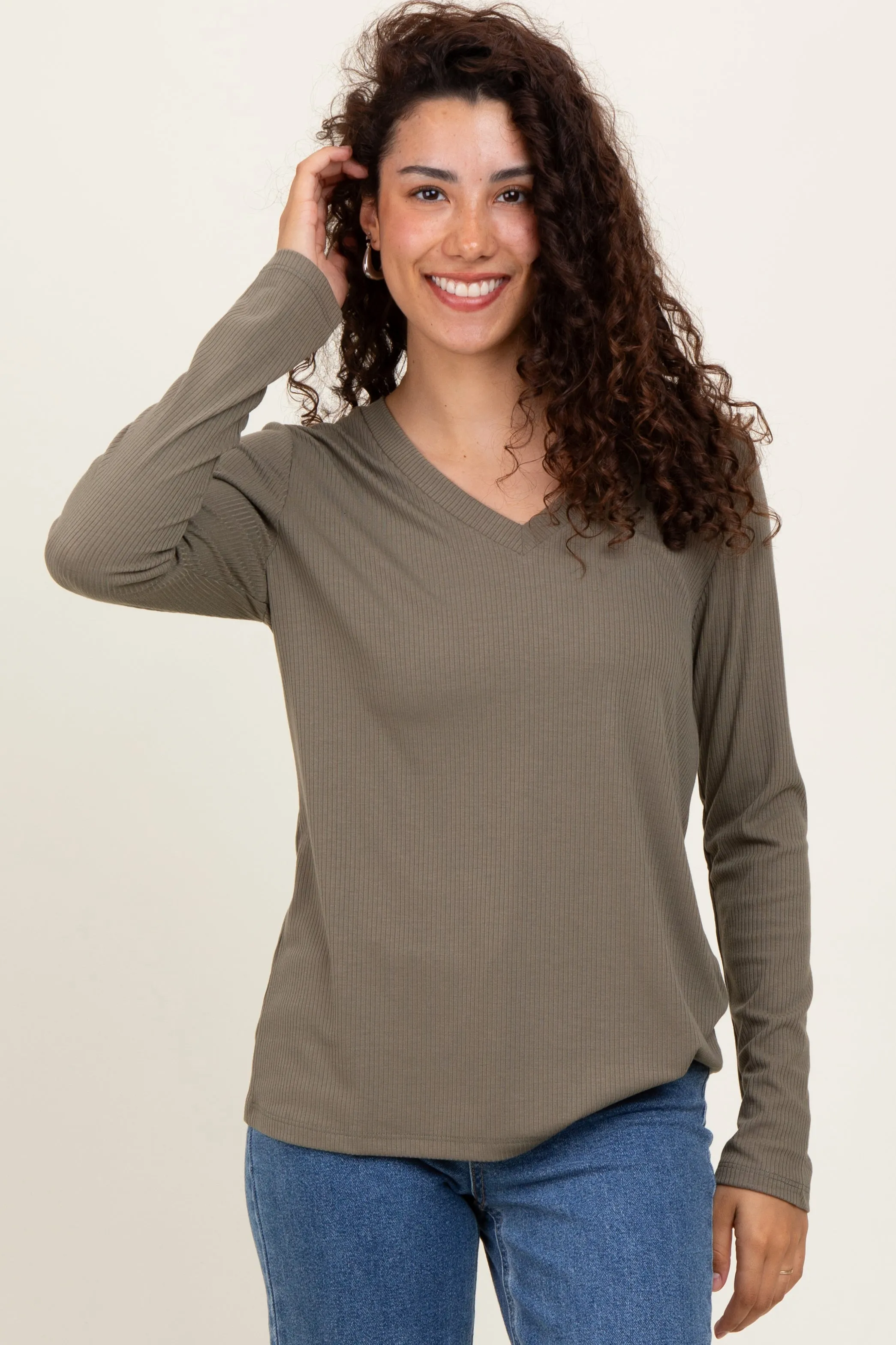 Olive Ribbed Knit V-Neck Long Sleeve Top sold by Pinkblush product image thumbnail 2