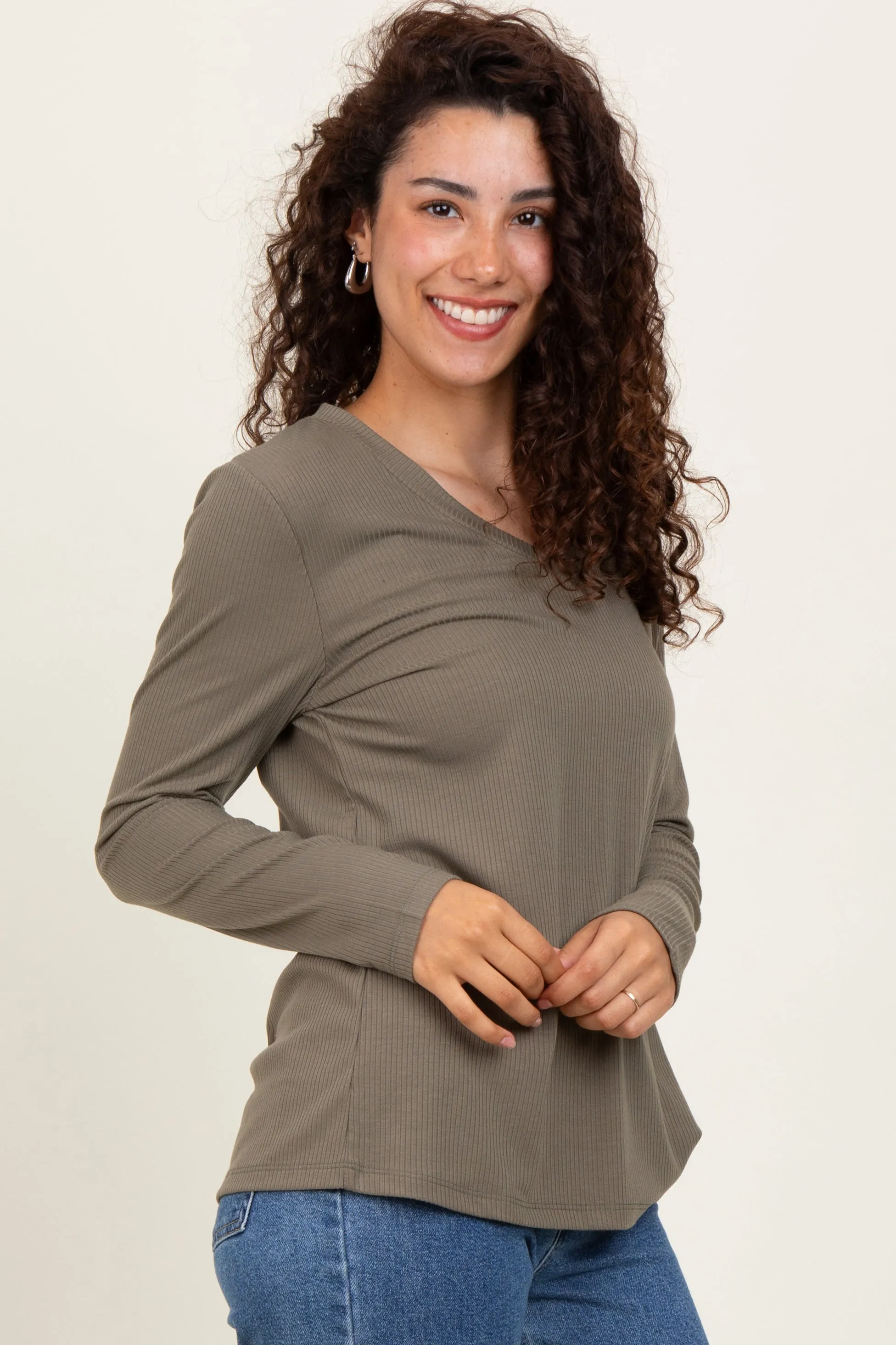 Olive Ribbed Knit V-Neck Long Sleeve Top sold by Pinkblush product image thumbnail 3