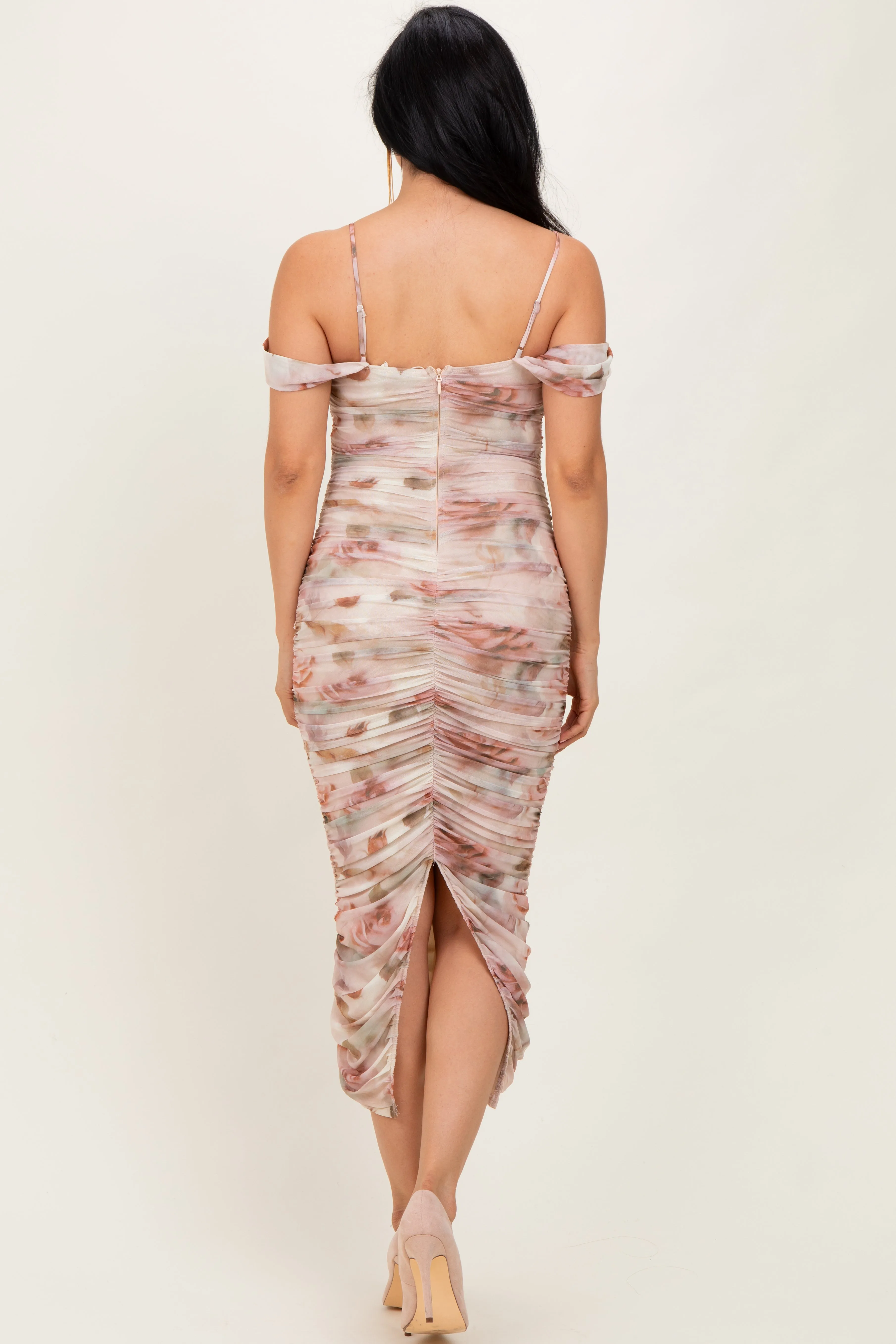 Cream Rose Floral Mesh Ruched Off Shoulder Midi Dress sold by Pinkblush product image thumbnail 4