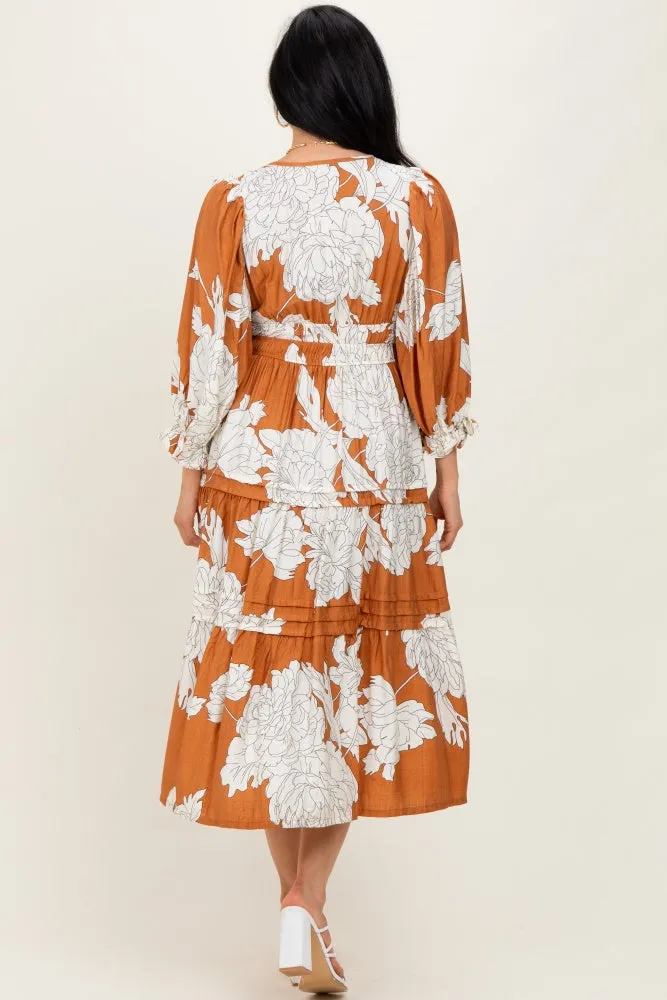 Camel Floral Long 3/4 Sleeve Tiered Midi Dress sold by Pinkblush product image thumbnail 4