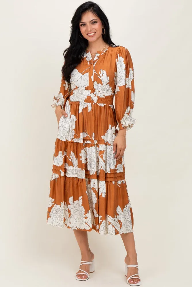 Camel Floral Long 3/4 Sleeve Tiered Midi Dress sold by Pinkblush