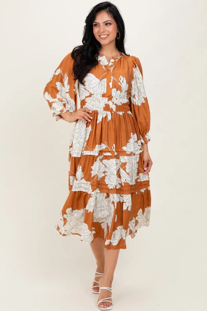 Camel Floral Long 3/4 Sleeve Tiered Midi Dress sold by Pinkblush product image thumbnail 2