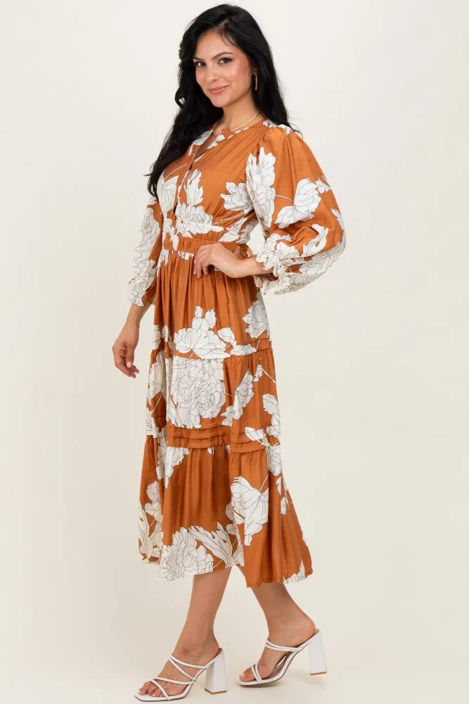 Camel Floral Long 3/4 Sleeve Tiered Midi Dress sold by Pinkblush product image thumbnail 3