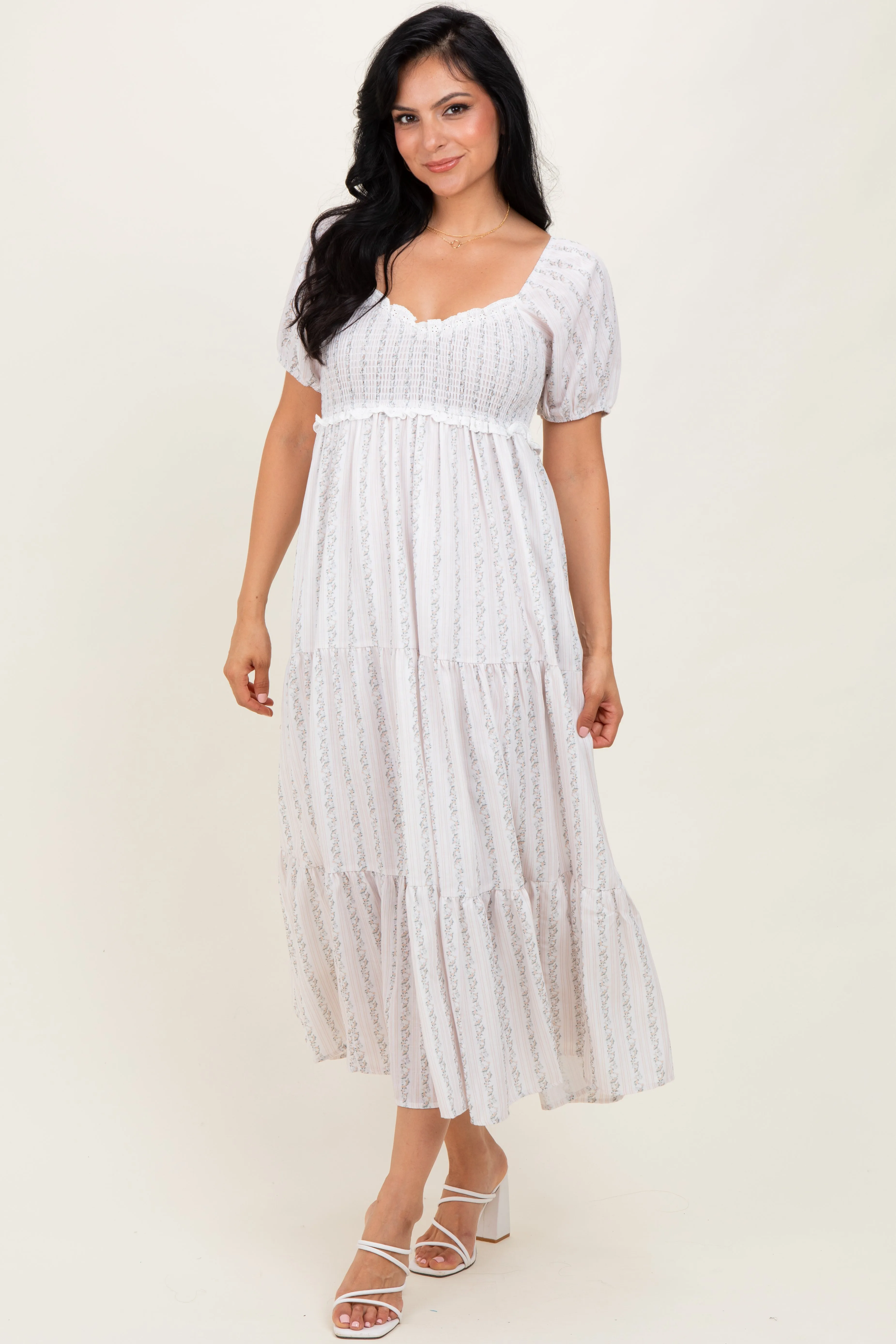 Ivory Floral Stripe Tiered Maxi Dress sold by Pinkblush product image thumbnail 2