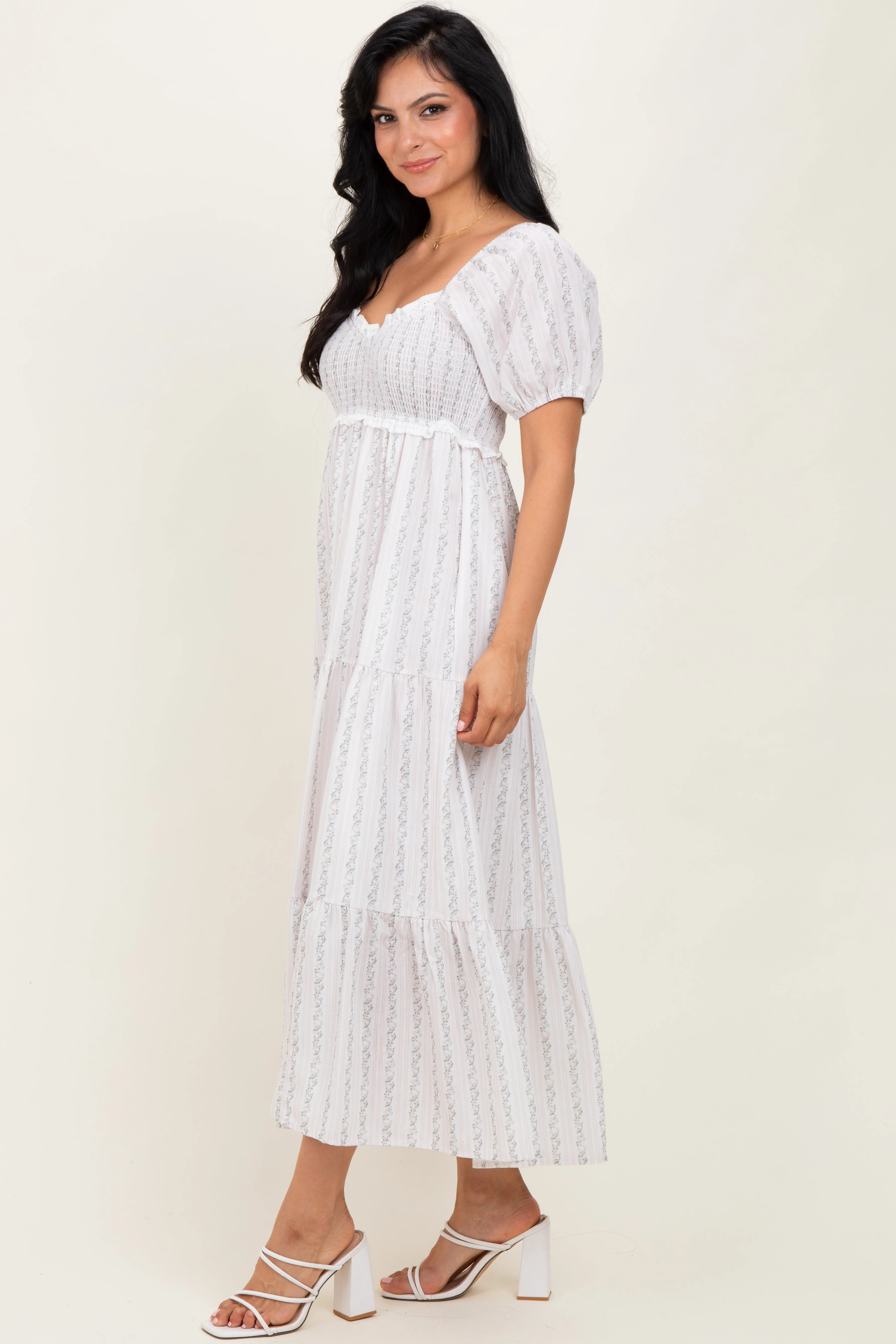 Ivory Floral Stripe Tiered Maxi Dress sold by Pinkblush product image thumbnail 3