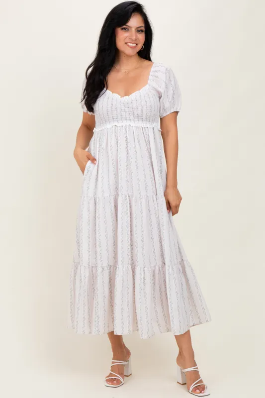 Ivory Floral Stripe Tiered Maxi Dress sold by Pinkblush