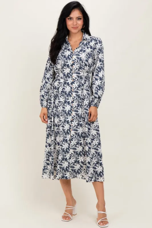 Navy Floral Button Down Long Sleeve Midi Dress sold by Pinkblush