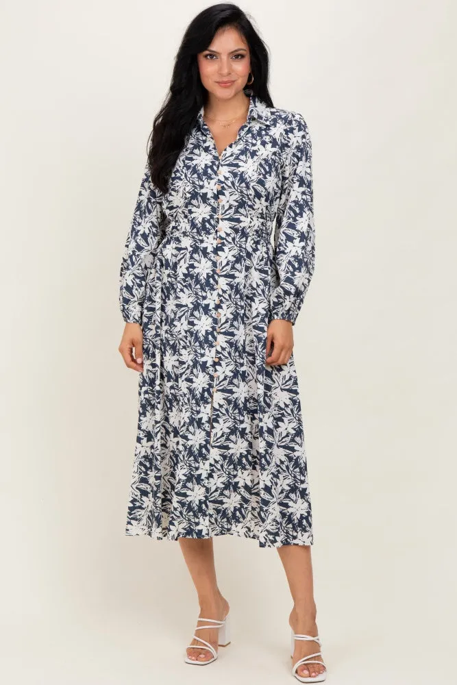Navy Floral Button Down Long Sleeve Midi Dress sold by Pinkblush