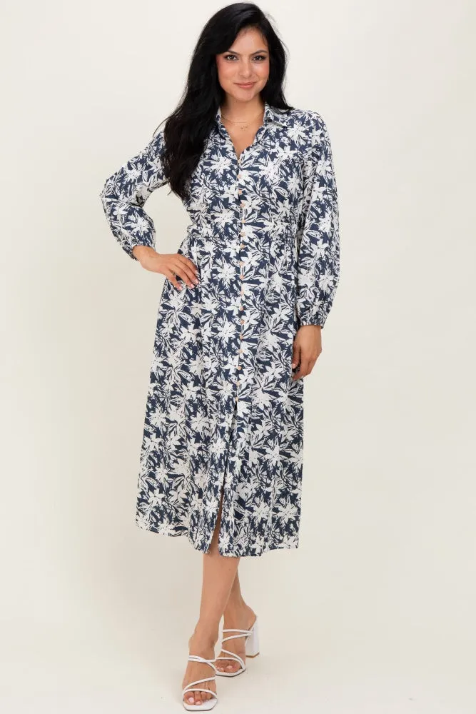 Navy Floral Button Down Long Sleeve Midi Dress sold by Pinkblush product image thumbnail 2