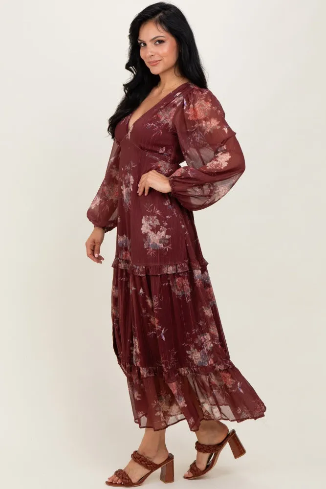 Burgundy Floral Chiffon V-Neck Long Sleeve Maxi Dress sold by Pinkblush product image thumbnail 3