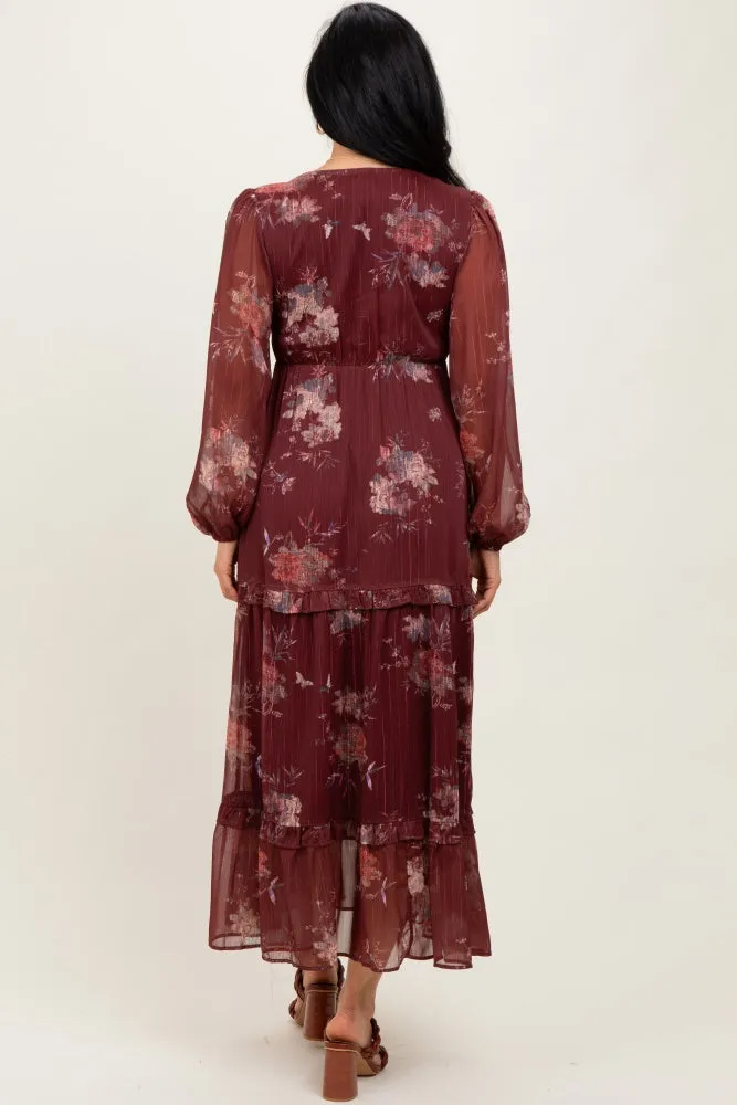Burgundy Floral Chiffon V-Neck Long Sleeve Maxi Dress sold by Pinkblush product image thumbnail 4