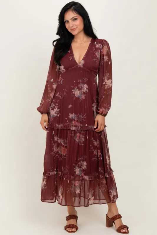 Burgundy Floral Chiffon V-Neck Long Sleeve Maxi Dress sold by Pinkblush