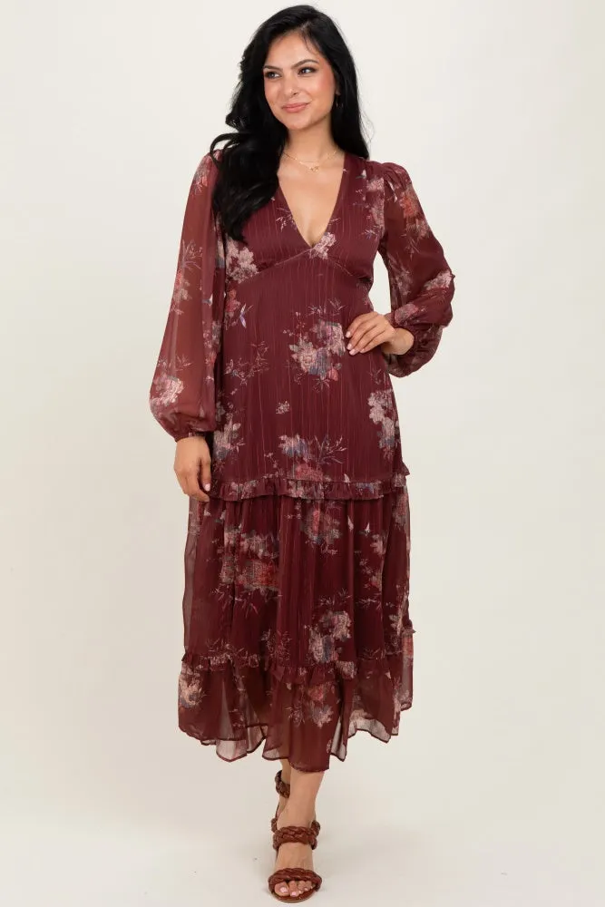 Burgundy Floral Chiffon V-Neck Long Sleeve Maxi Dress sold by Pinkblush product image thumbnail 2