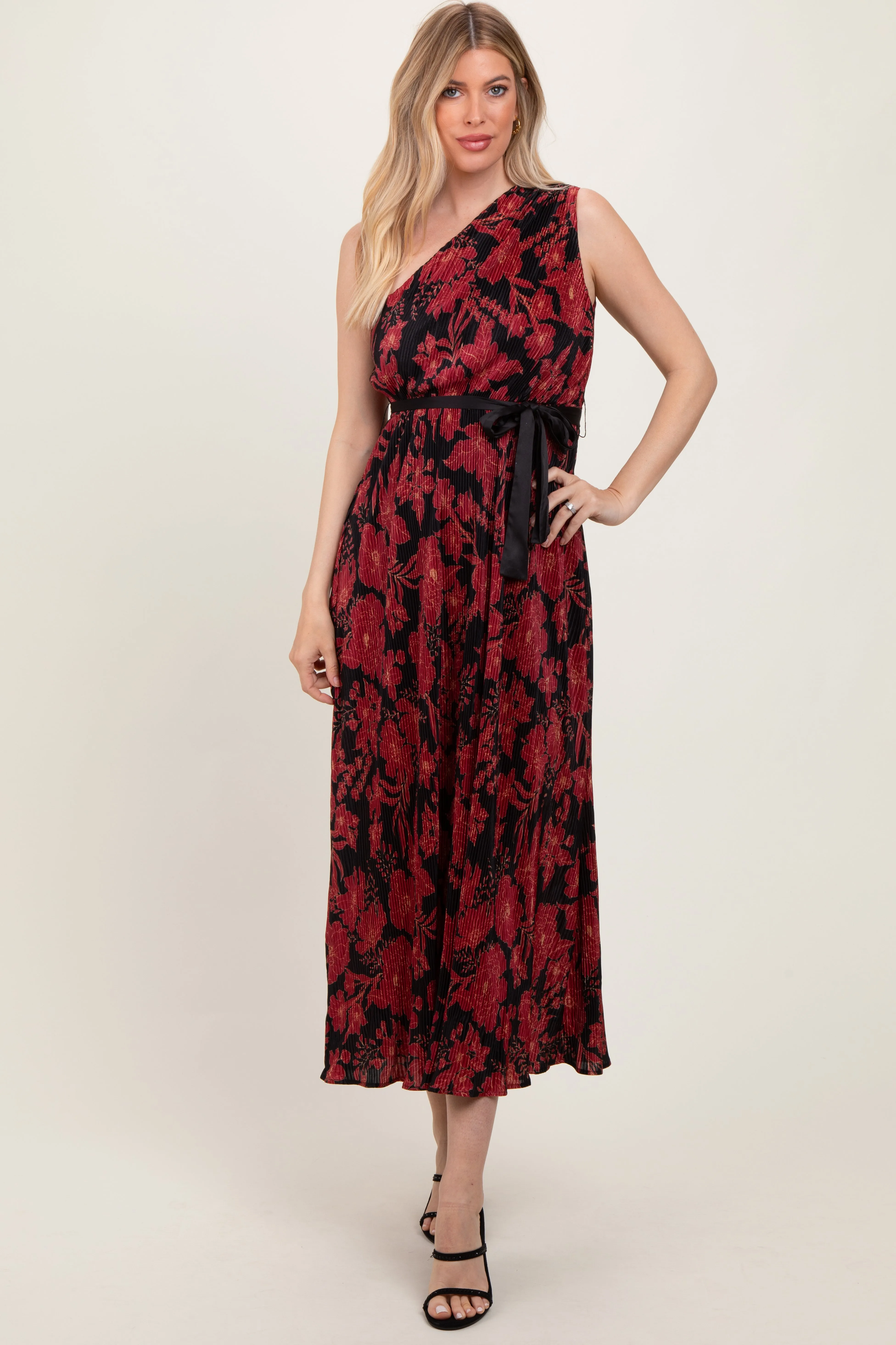 Red Floral Print Plisse One Shoulder Maxi Dress sold by Pinkblush product image thumbnail 2