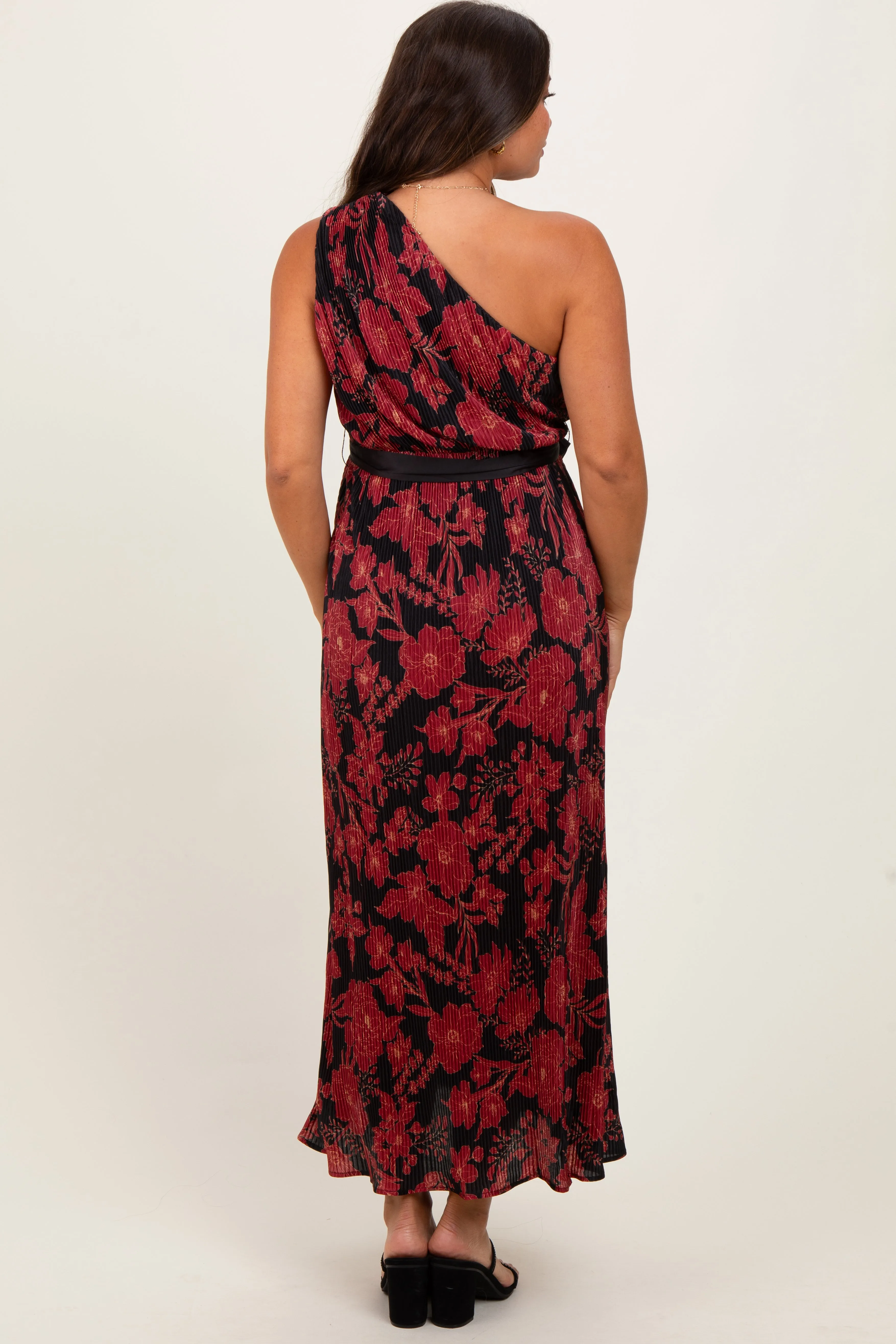 Red Floral Print Plisse One Shoulder Maternity Maxi Dress sold by Pinkblush product image thumbnail 3