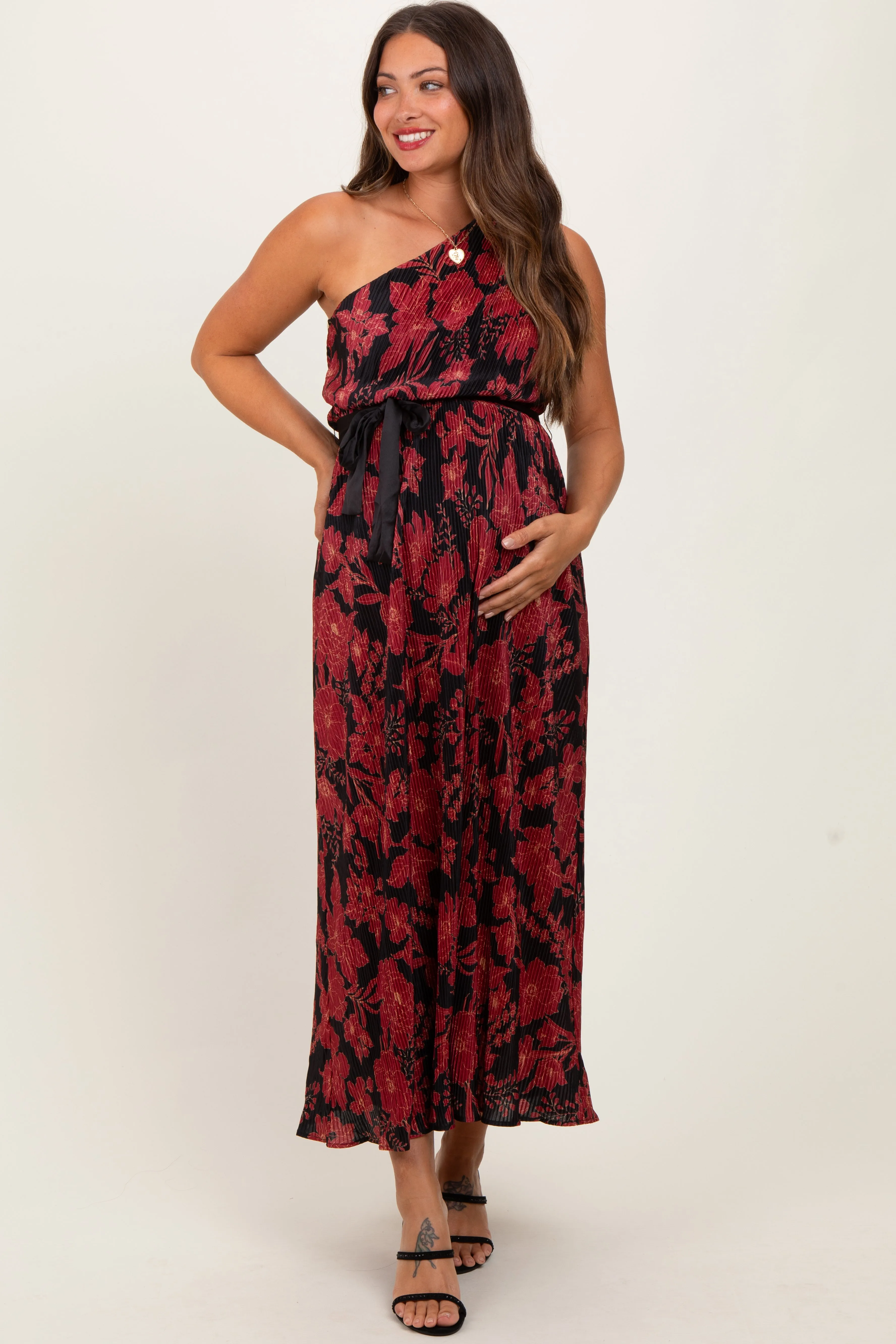 Red Floral Print Plisse One Shoulder Maternity Maxi Dress sold by Pinkblush