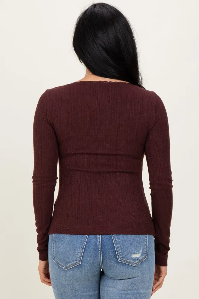 Burgundy Pointelle Knit Lace Trim Square Neck Top sold by Pinkblush product image thumbnail 4