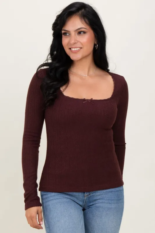 Burgundy Pointelle Knit Lace Trim Square Neck Top sold by Pinkblush
