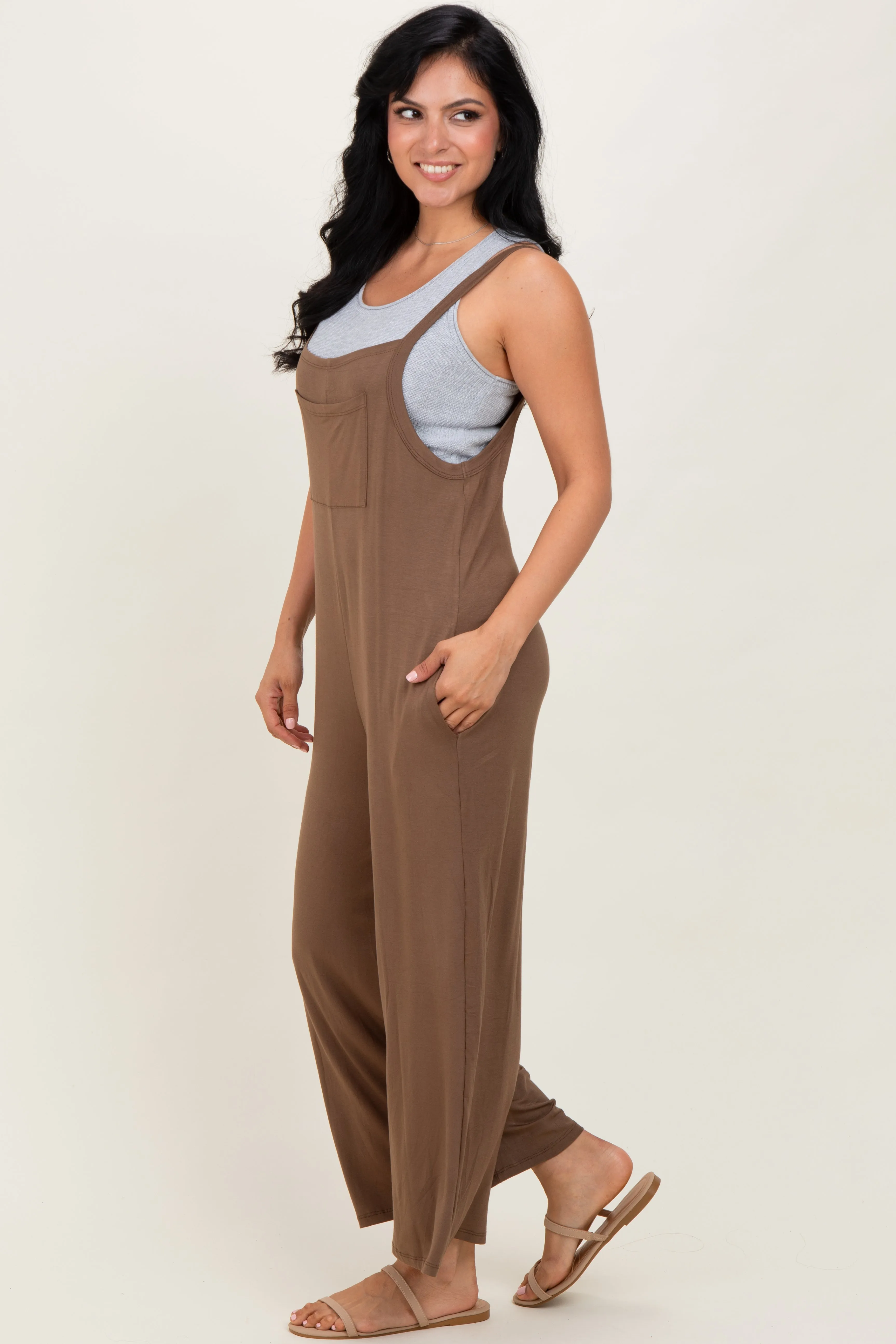 Mocha Sleeveless Pocketed Wide Leg Jumpsuit sold by Pinkblush product image thumbnail 4