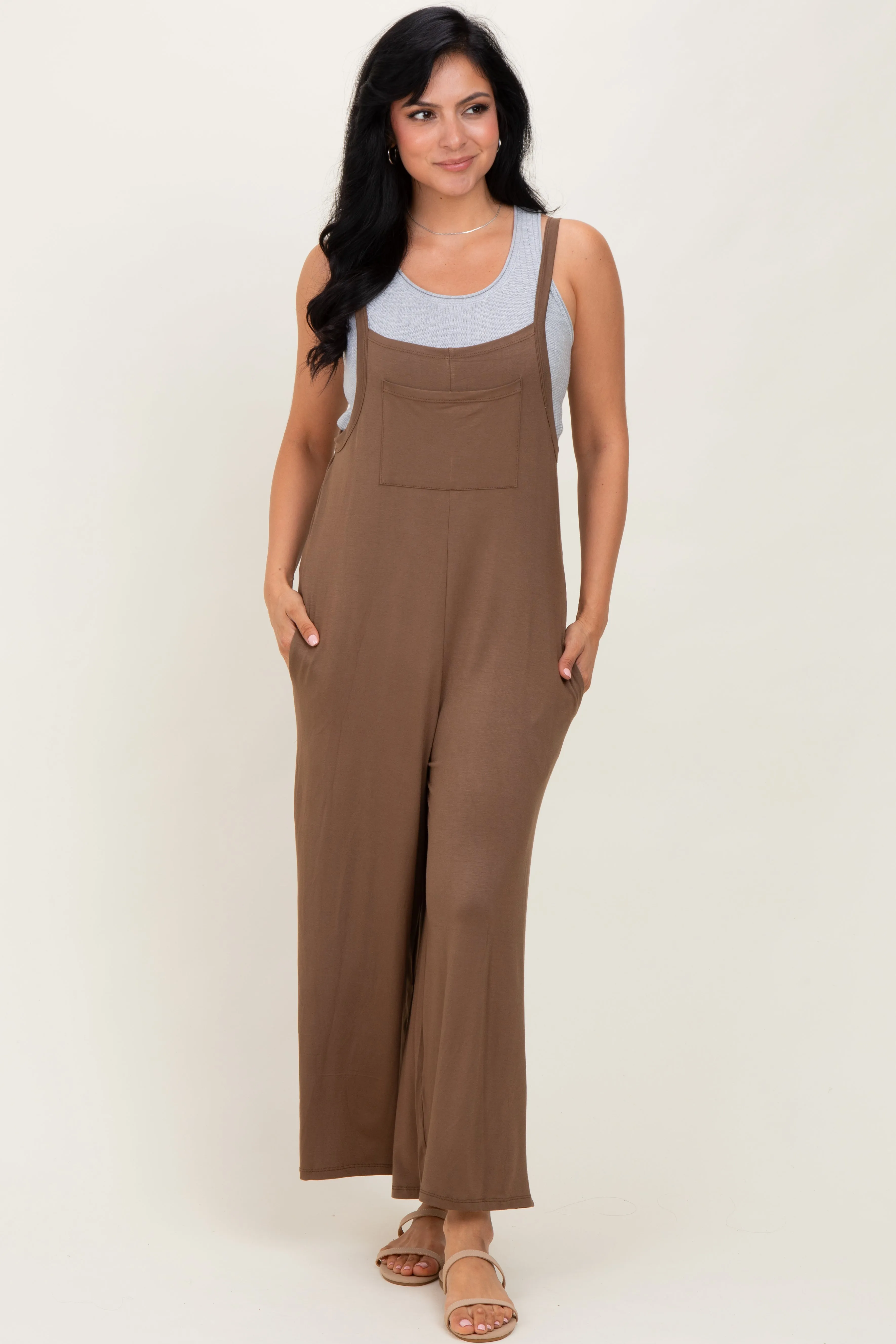 Mocha Sleeveless Pocketed Wide Leg Jumpsuit sold by Pinkblush