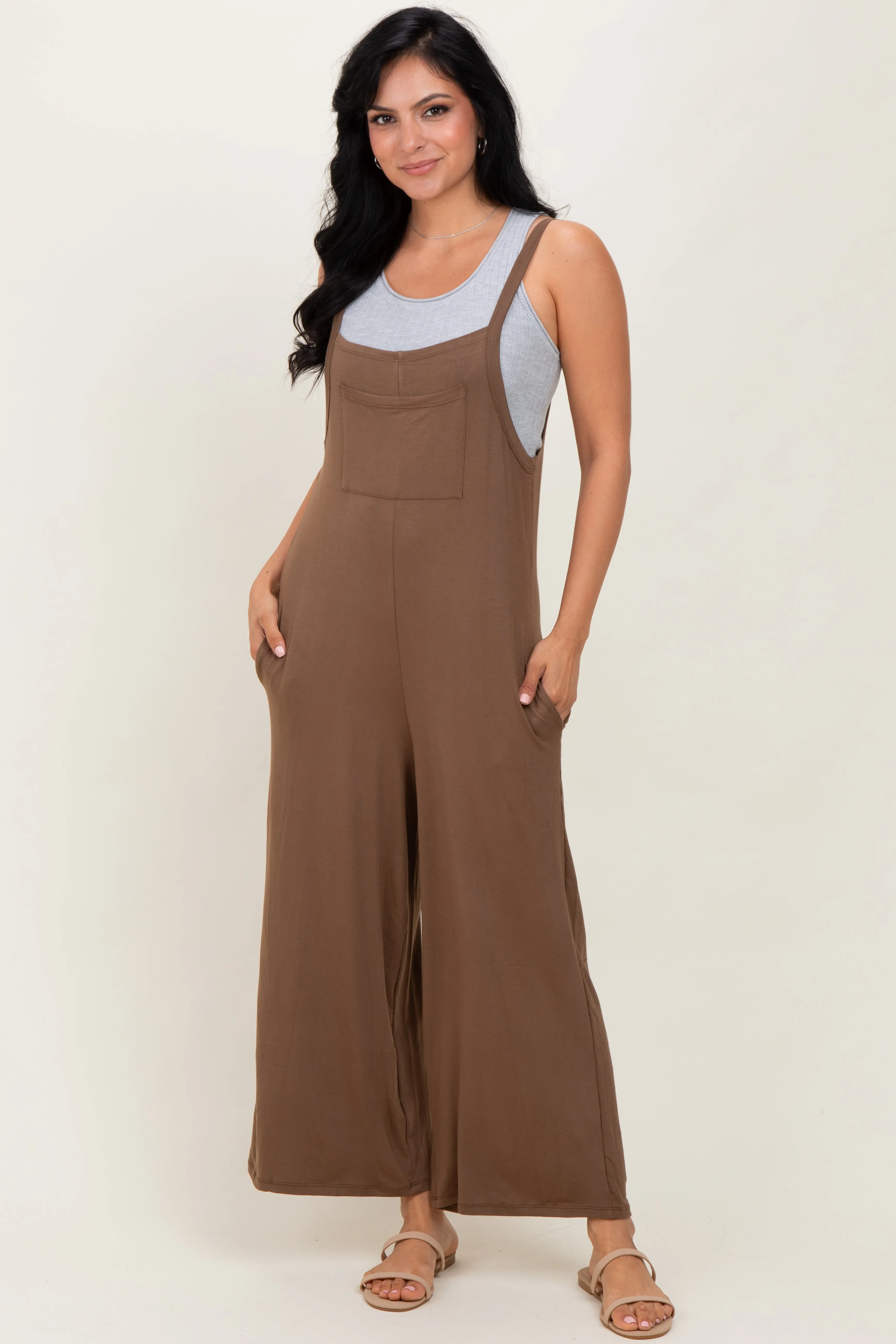 Mocha Sleeveless Pocketed Wide Leg Jumpsuit sold by Pinkblush product image thumbnail 3