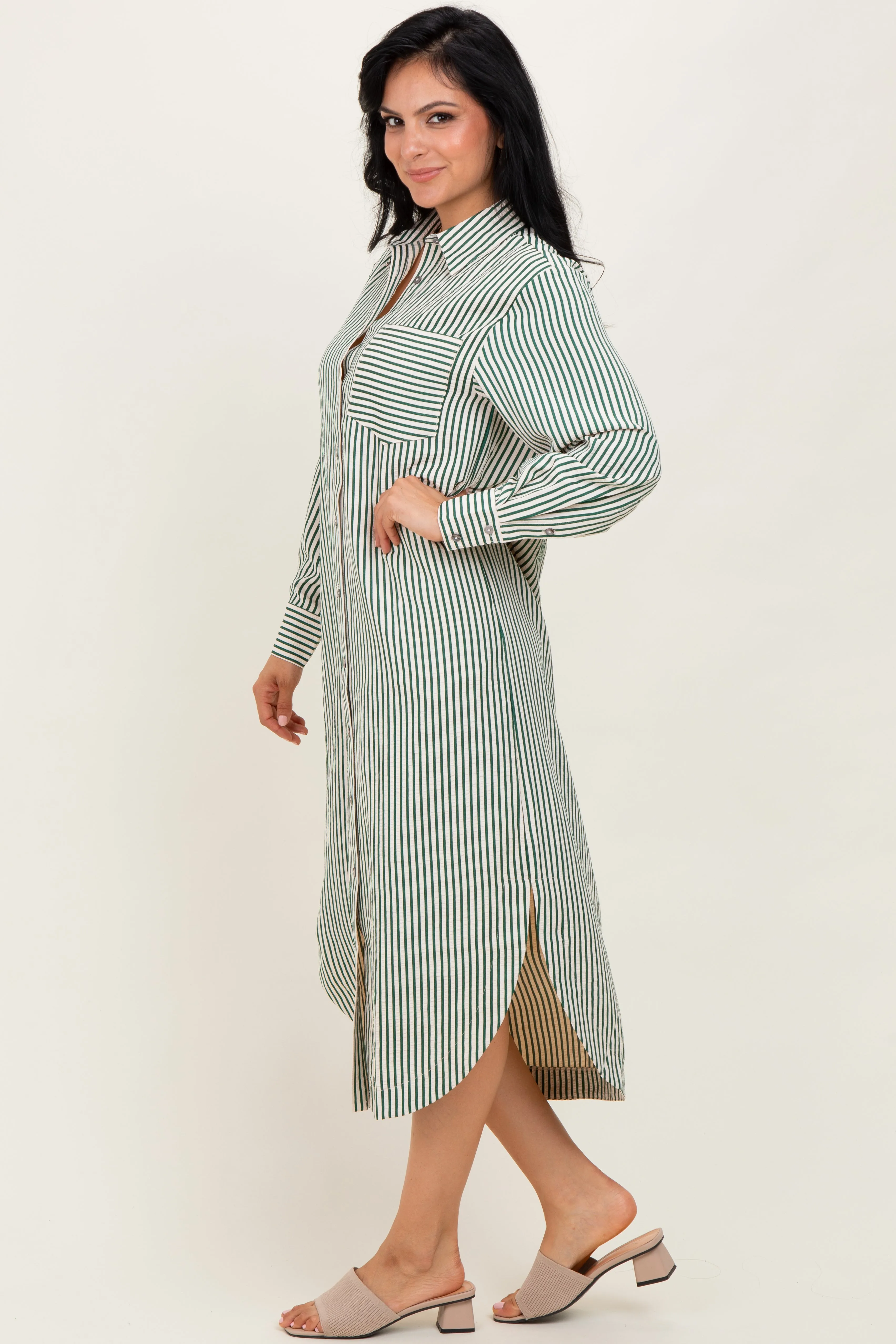 Forest Green Textured Stripe Button Down Shirt Dress sold by Pinkblush product image thumbnail 3