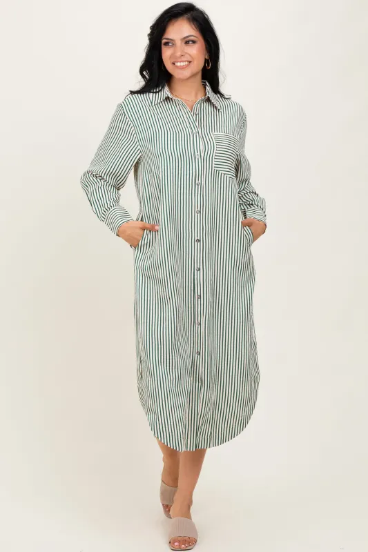 Forest Green Textured Stripe Button Down Shirt Dress sold by Pinkblush