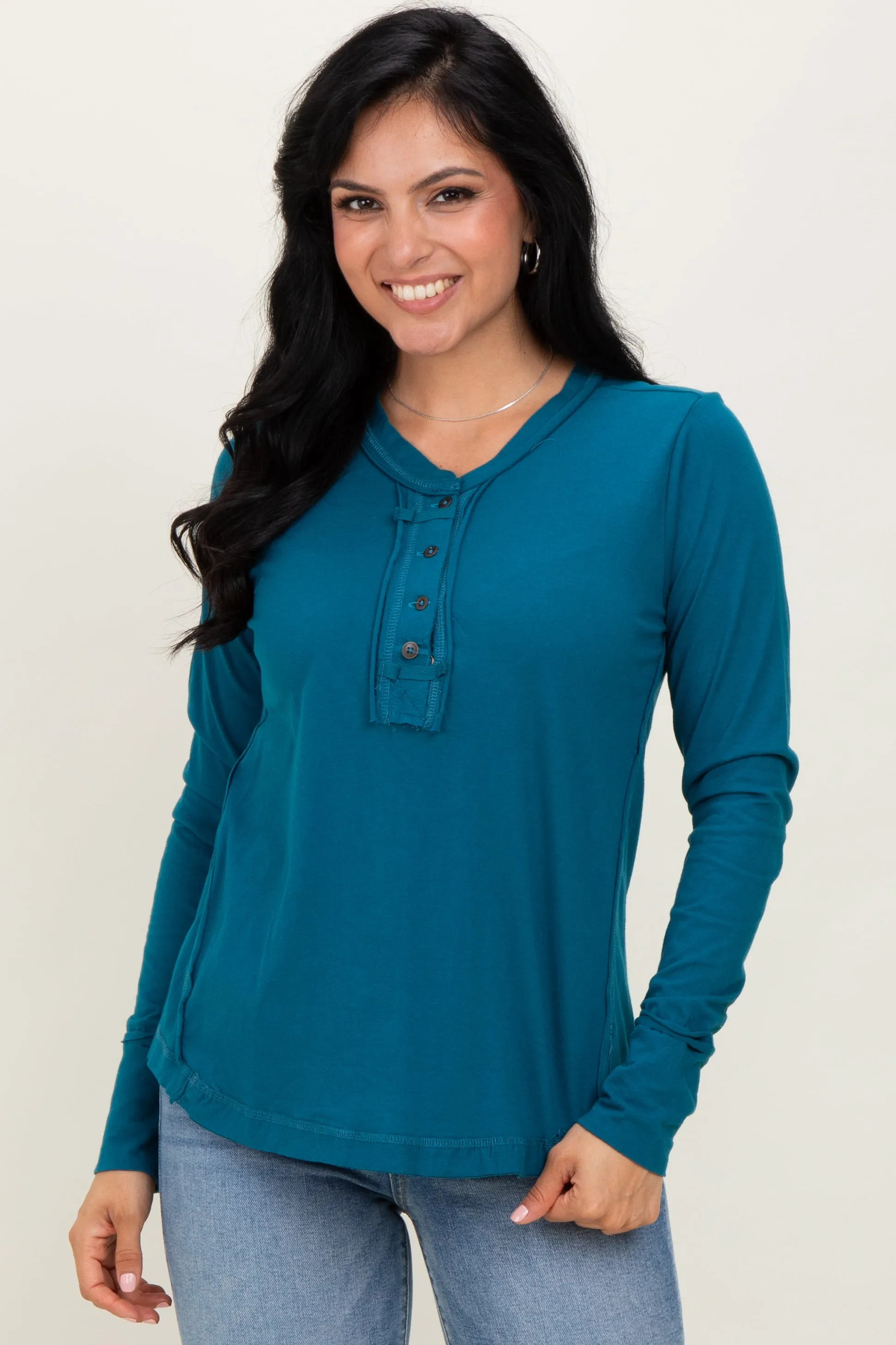 Teal Long Sleeve Exposed Seam Top sold by Pinkblush