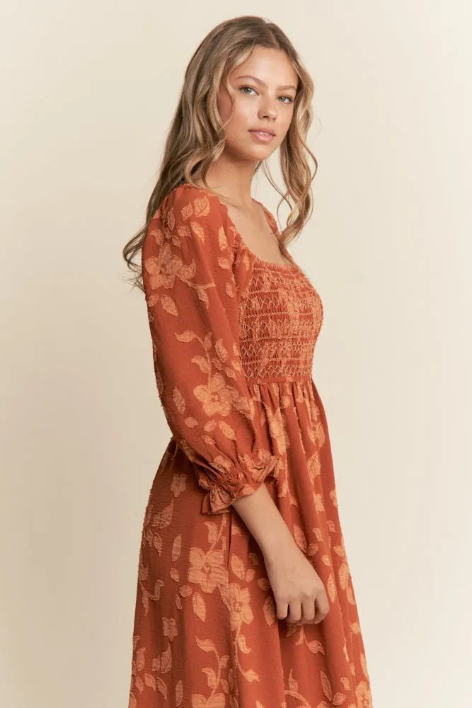 Rust Floral Print Smocked Bodice Maxi Dress sold by Pinkblush product image thumbnail 4