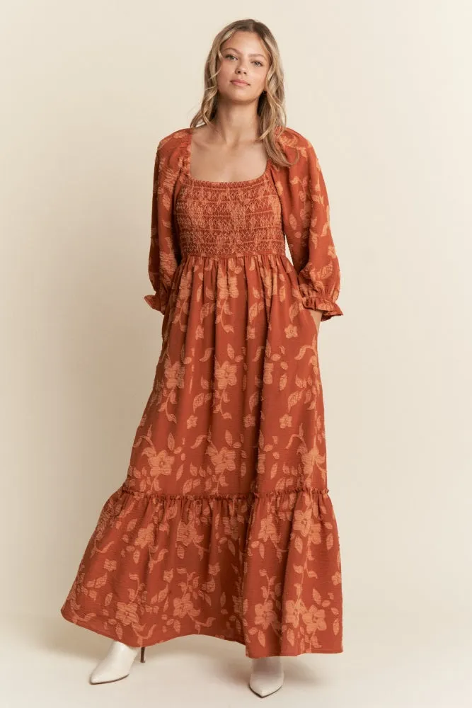 Rust Floral Print Smocked Bodice Maxi Dress sold by Pinkblush