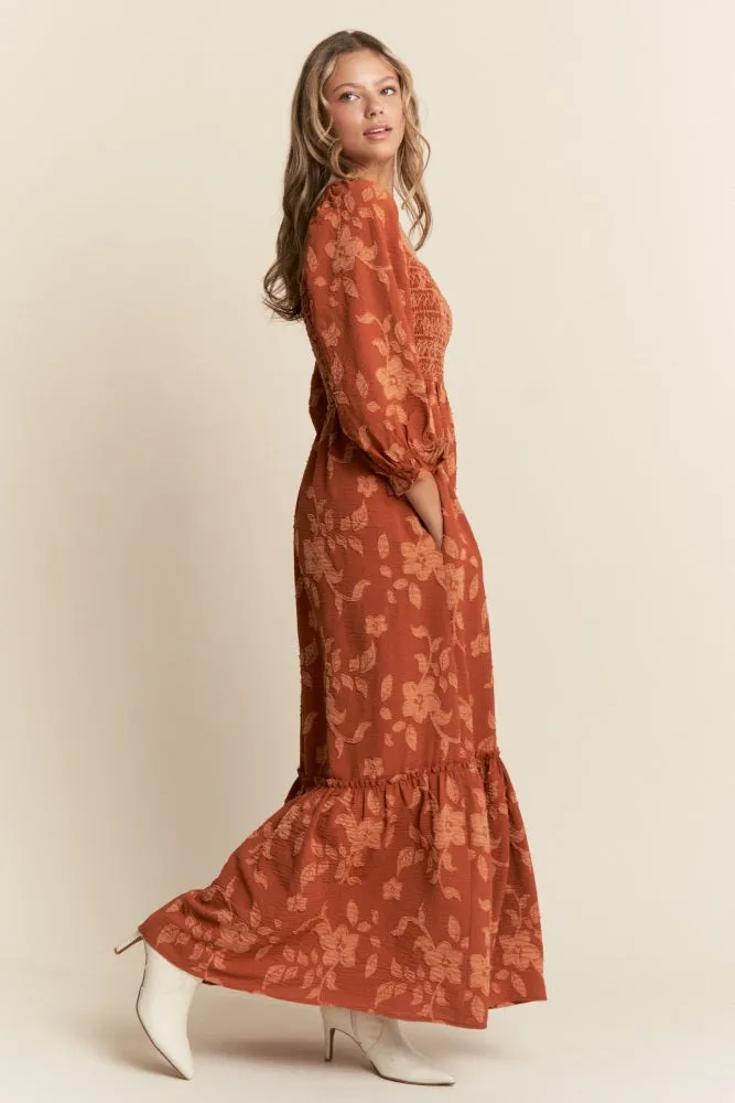 Rust Floral Print Smocked Bodice Maxi Dress sold by Pinkblush product image thumbnail 2