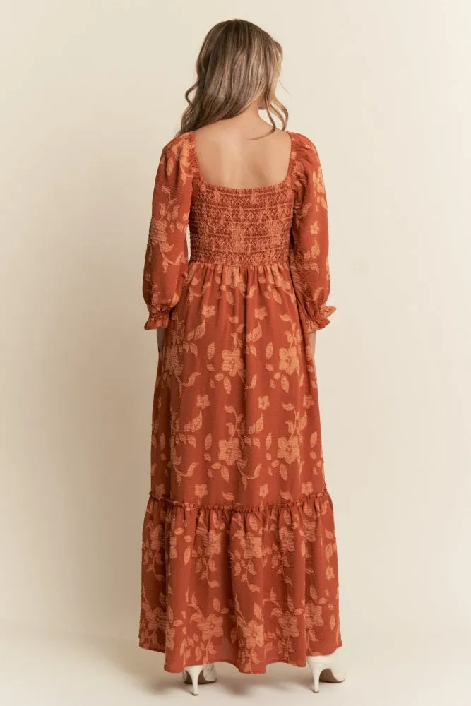 Rust Floral Print Smocked Bodice Maxi Dress sold by Pinkblush product image thumbnail 3