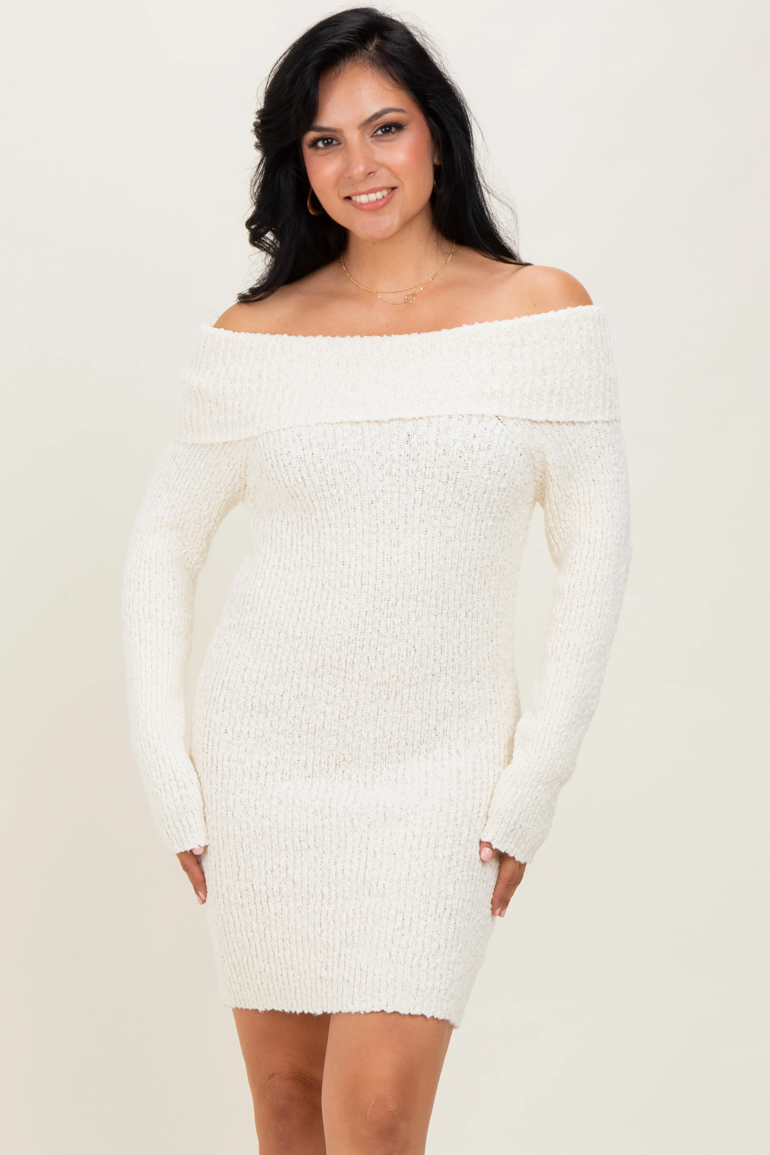 Ivory Off The Shoulder Knit Sweater Mini Dress sold by Pinkblush product image thumbnail 2