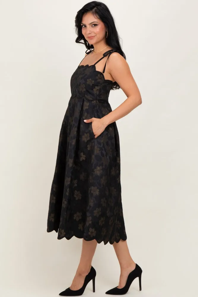 Black Floral Jacquard Shoulder Tie Midi Dress sold by Pinkblush product image thumbnail 2