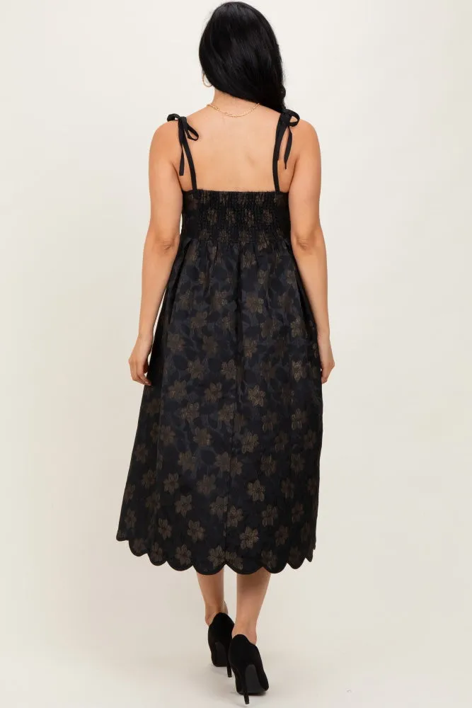 Black Floral Jacquard Shoulder Tie Midi Dress sold by Pinkblush product image thumbnail 3