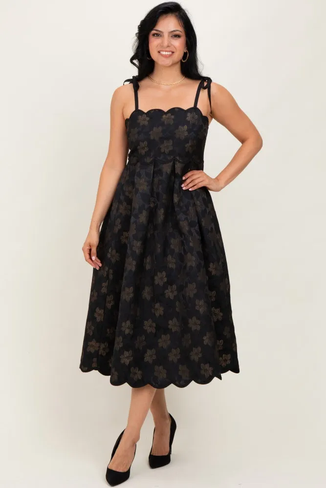 Black Floral Jacquard Shoulder Tie Midi Dress sold by Pinkblush