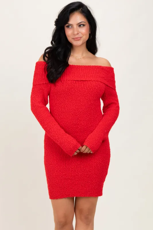 Red Off The Shoulder Knit Sweater Mini Dress sold by Pinkblush