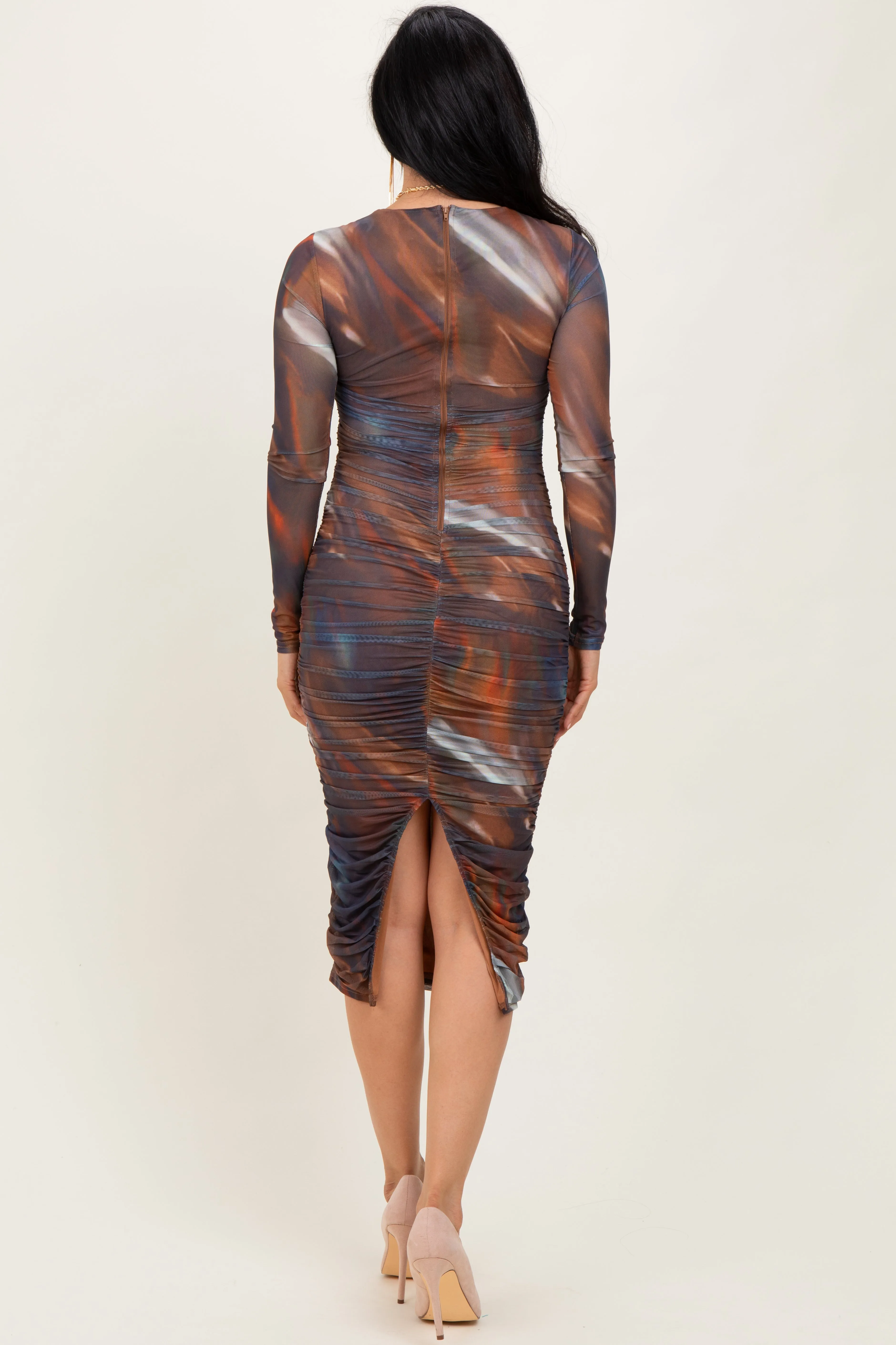 Multicolor Printed Mesh Ruched Long Sleeve Midi Dress sold by Pinkblush product image thumbnail 4