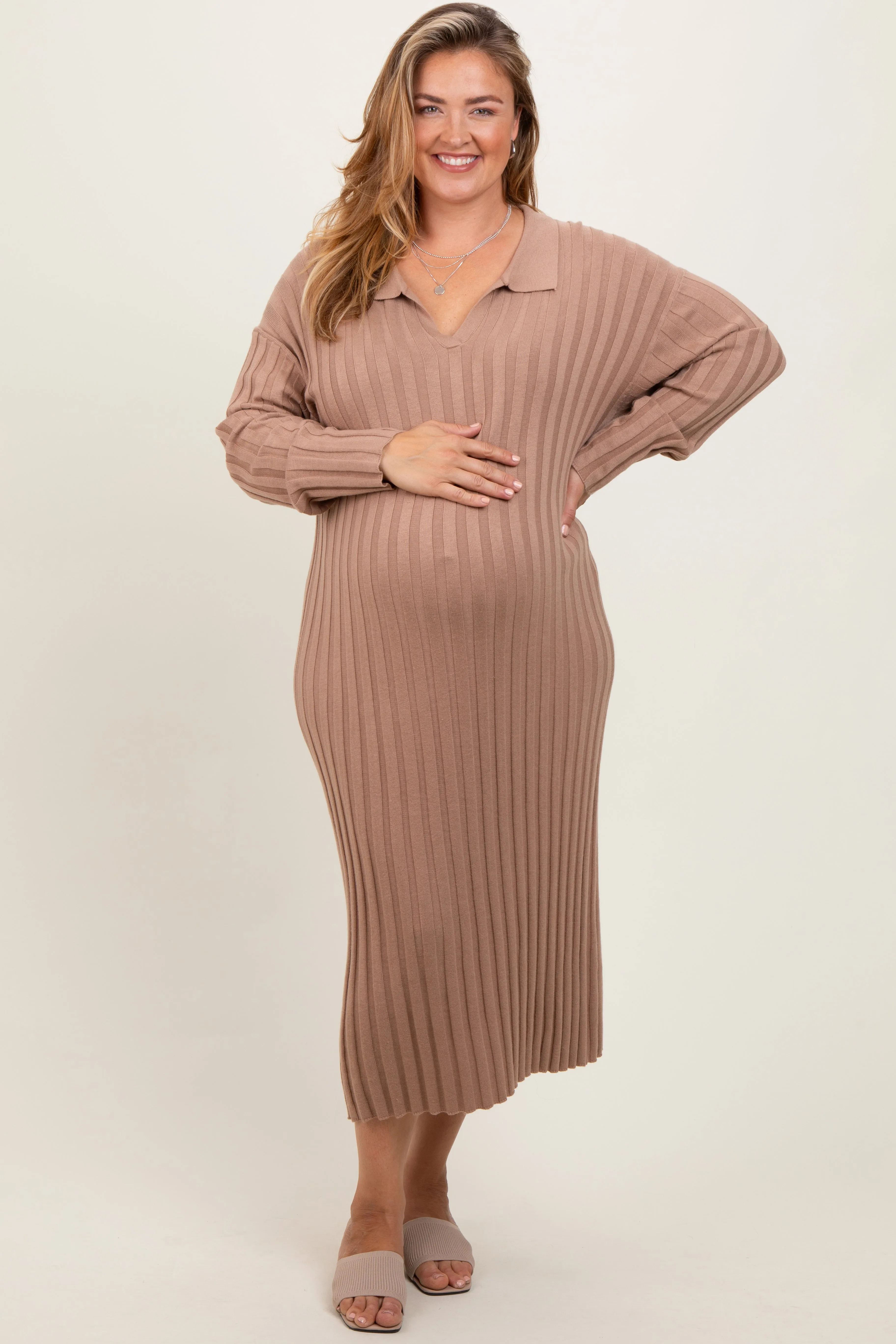 Mocha Ribbed Collared Maternity Plus Midi Sweater Dress sold by Pinkblush